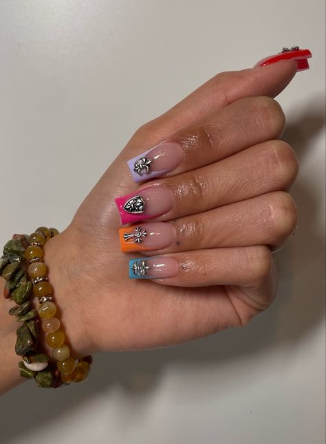 Cross Charm Nails Acrylic, Cross Charms Nails, Short Nail Designs With Cross, Short Nail With Charm, Space Charm Nails, Short Nails With Cross Charm, Colorful French Tip Nails Short, Nails With Charms Short, Cross Charm Nails