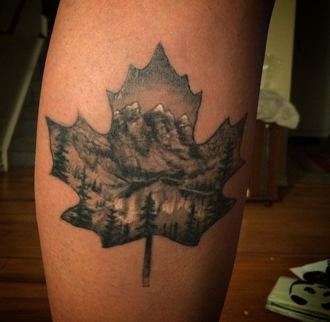 Mountain tattoo Canadian Rockies Canada Flag Tattoo Ideas, Canadian Rockies Tattoo, Alberta Tattoo, Autumn Tattoos, Remembrance Day Quotes, Forest Tattoo Sleeve, Canadian Tattoo, Canada Tattoo, Forest Tattoo