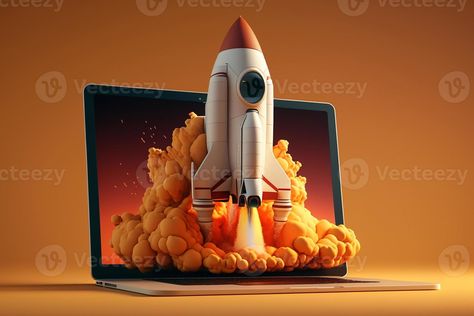 Rocket taking off from laptop with dramatic smoke on orange background, side angle. Concept of start up business launching into success. Generative AI Laptop Background, Side Angle, Laptop Backgrounds, Business Launch, Marc Jacobs Daisy, Orange Background, Start Up Business, Rocket, Start Up