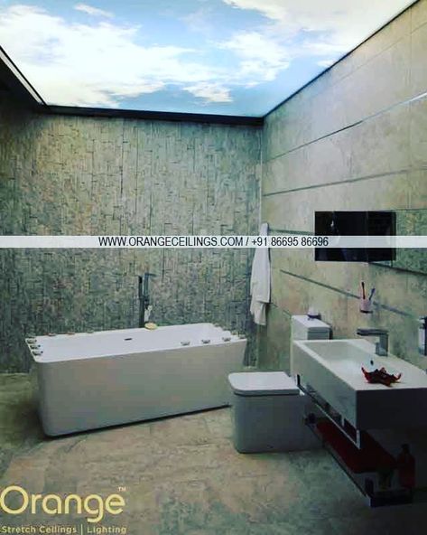 Enhance the look & feel of your bathroom with wide ranges of custom print stretch ceilings by @orange_stretch_ceilings Product range seen here: sky printed customized print stretch ceilings . . #stretchceiling #stretchceiling #stretchceilingdesign #stretchceilings #stretchceilingindia #moderninterior #interiorstretchceiling #interiors #classicstyleinterior #contemporaryinteriors Stretch Ceiling Design Modern, Ceiling Bathroom, Classic Style Interior, Sky Ceiling, Stretch Ceiling, Ceiling Materials, Roof Ceiling, Ceiling Design Modern, Bathroom Ceiling