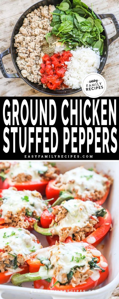 We’ve lightened up stuffed peppers by swapping the beef with seasoned ground chicken and adding some extra veggies—but this healthy makeover is just as delicious as the original! This is one of our FAVORITE meal prep dinners, and it’s also a great option for freezer cooking. Tender bell peppers are stuffed with a flavorful chicken-and-rice filling, topped with cheese, and baked until all the flavors come together. A family-friendly chicken dinner idea that’s quick, easy, and oh-so-tasty! Meal Prep With Peppers, Stuffed Bell Peppers Chicken Rice, Clean Ground Chicken Recipes, Stuffed Peppers With Ground Chicken, Meal Prep With Ground Chicken, Ground Chicken Peppers, Stuffed Peppers Meal Prep, Ground Chicken Meal Prep, Chicken Stuffed Pepper