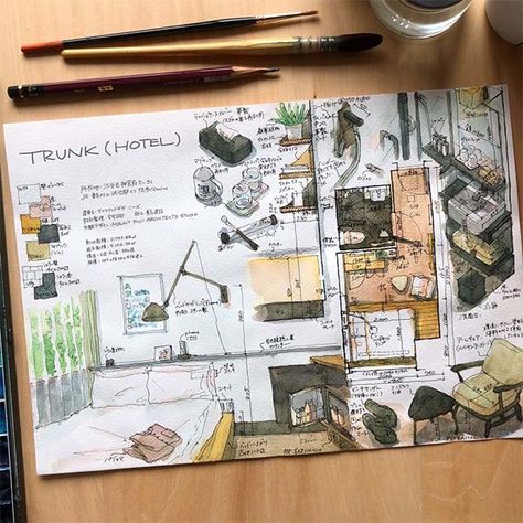 Interior Design Watercolor Sketch, Watercolor Room Painting, Interior Design Watercolor, Inspirational Doodles, Interior Design Journal, Hotel Drawing, Architectural Watercolor, Watercolor Room, Watercolor Interior