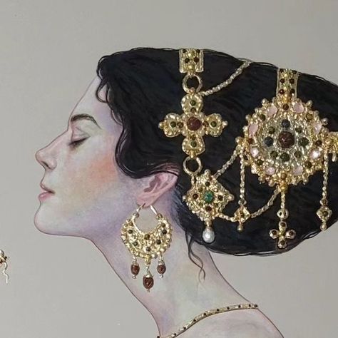 Bahman on Instagram: "LADY WITH A FAN, a commissioned work. #baroque #painting #byzantine #renaissanceart  #engraving#engravingstyle #gold#artforsalebyartist #artcollective #dragon  #jewelry #japanese #fan  #artforsale  #icon #artwork #fineart #artlovers #figurativeart #artwork  #persianartist #iranianpainter #persianartist" Byzantine Empire Aesthetic, Baroque Art Painting, Byzantine Aesthetic, Baroque Aesthetic, Byzantine Fashion, Jewelry Japanese, Baroque Jewelry, Byzantine Jewelry, Baroque Painting