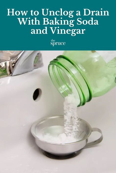 Instead of using hazardous, caustic drain cleaners, learn how to unclog drains with ordinary baking soda and vinegar or baking soda and salt. #cleanhouse #cleaningguide #cleaninghacks #cleaningtips #realsimple #stepbystepcleaning #thespruce Clear Drain With Baking Soda And Vinegar, Vinegar And Baking Soda Drain Cleaner, Unclog Sink With Baking Soda And Vinegar, Unclog Drain With Vinegar Baking Soda, Drain Cleaner Diy Baking Soda Vinegar, Unclog A Drain, Baking Soda Drain Cleaner, Drain Unclogger, Unclog Sink