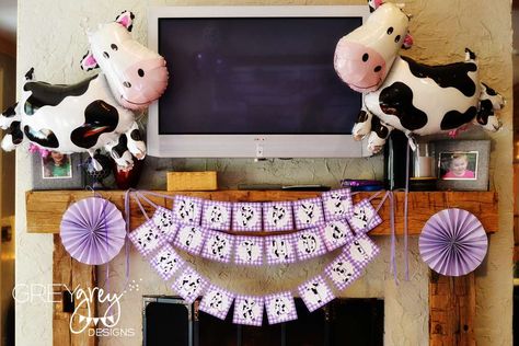 Three I E I O, Cow Birthday Parties, Cow Birthday, Purple Cow, Farm Animal Birthday, Barnyard Birthday, Farm Party, Farm Birthday, First Birthday Outfits