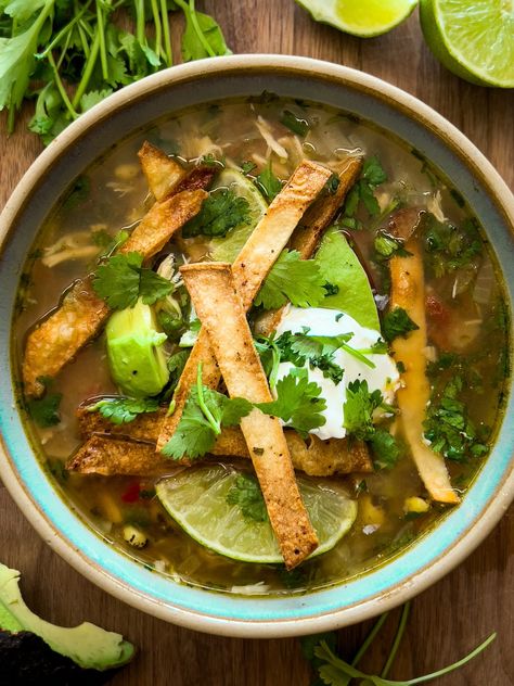 Cilantro Soup Recipe, Healthy Tortilla Soup, Chicken Lime Soup, Poblano Pepper, Cilantro Chicken, Chicken Tortillas Soups Recipe, Tortilla Soup Recipe, Chunky Salsa, Mexican Soup