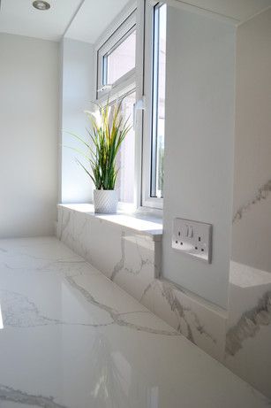 Quartz Windowsill | Real Kitchens - Traditional Real Kitchens, Kitchen Window Sill, Kitchen Windowsill, Epoxy Countertop, Real Kitchen, Shaker Style Kitchens, Shower Niche, Studio Kitchen, Kitchen Window