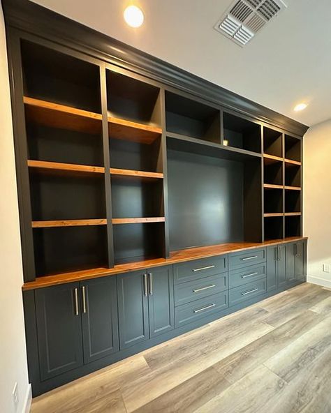 Backwoods Custom - Arizona 🏜 on Instagram: "Client sending photos of their unit and a 5 star review is one of the highest compliments we can receive! 🙌🏼 Shaker Entertainment Center in Iron Ore W/ Knotty Alder Top & Shelves." Book Cabinet Ideas, Built In Cabinets Living Room, Tall Cabinet With Doors, Entertainment Center Ideas, Dining Room Built In, Whiskey Room, Bedroom Wall Units, Mosaic Furniture, Wall Storage Cabinets