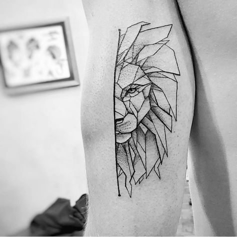 A geometric tattoo is a beautiful design, created by a variety of shapes, such as geometric shapes and patterns. Order Now Geo Lion Tattoo, Half Geometric Lion Tattoo Design, Line Art Lion Tattoo, Geometric Lion Tattoo For Men, Lion Line Art Tattoo, Lion Tattoo Line, Lion Tattoo Geometric, Line Lion Tattoo, Geometric Lion Tattoo Design