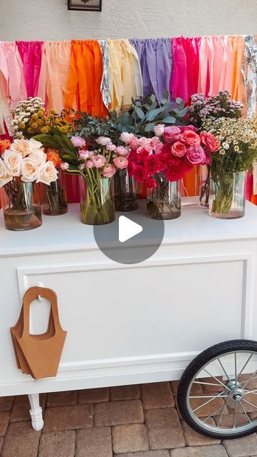 Steph Wentworth  ✨Parties ✨DIY’s ✨Motherhood on Instagram: "This cart got so much love the last time I posted it and I love how much it elevates a space! So, I decided last minute to pull it out of the garage and use it for this Favorite Things party at our house!   Linking the bags on my Amazon! They were perfect for a Build Your Own Bouquet Bar!   Comment “link” and I’ll send you the link for the bouquet bags!  Cart is a rental that I own and I use for events (not just flower bars! I do full event design/party styling, set up, and rentals 🤩 I use this cart alongside other props in my inventory for kids parties and other events for candy, party favors, flower bars, drink stations, concessions, etc)! It was built by a local couple who creates custom event props @l.a.r_wood_shop 🫶🏼)  #mi Flower Bar Cart, Bouquet Bag, Favorite Things Party, Party Setup, Event Props, Flower Cart, Mimosa Bar, Flower Bar, Bar Seating