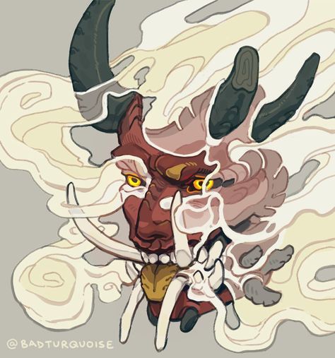 a smoke oni thing that started off as a doodle but then i got carried away.. this was actually inspired by a meme skjsksjsk o<-< --- #demon… Kitsune Monster Art, Japanese Demon Character Design, Oni Mask Character Design, Oni Reference, Yokai Character Design, Oni Teeth, Oni Illustration, Tengu Art, Oni Aesthetic