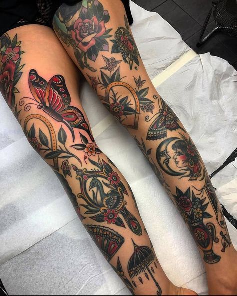 Traditional Tattoo Leg Sleeve, Traditional Thigh Tattoo, Thigh Tattoo Ideas, Traditional Tattoo Woman, Tattoo Ideas Inspiration, Old School Tattoos, Side Thigh Tattoos, Shin Tattoo, Traditional Tattoo Inspiration