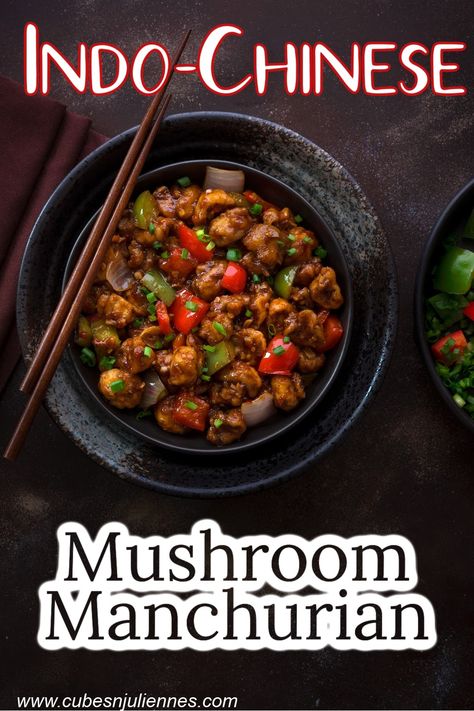 Overhead view of a vegan mushroom manchurian in a bowl with chopsticks. Mushroom Manchurian, Chinese Mushrooms, Manchurian Recipe, Vegan Chinese, Mushroom Recipe, Marinated Mushrooms, Authentic Chinese Recipes, Vegan Mushroom, Favorite Recipes Dinner