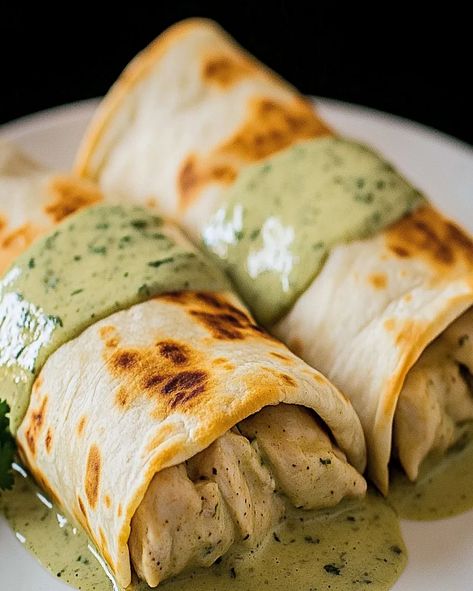 Crispy Baked Chicken Burritos with Creamy Green Chili Sauce Recipe - optimal recipes Baked Chicken Burritos, Green Chili Sauce Recipe, Burrito Recipes, Green Chili Sauce, Chili Sauce Recipe, Crispy Baked Chicken, Burritos Recipe, Chicken Burritos, Green Chili