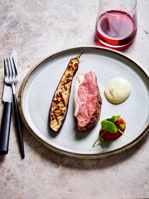 Lamb rump, roasted eggplant, cumin tomato paste, yoghurt - Miele Experience Centre Lamb Rump, Yoghurt Dressing, Tahini Paste, Roasted Eggplant, Roast Eggplant, Oven Dishes, Watercress, Baking Paper, Red Wine Vinegar