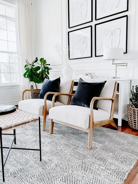 Pair Of Accent Chairs Living Room, Accent Chairs Sitting Area, Living Room Corner Sofa Two Accent Chairs, Black Sofa Cream Accent Chair, White Couch Black And White Rug, 2 Chairs Sitting Area, Black And White Occasional Chair, Living Room Ideas For Small Spaces, Modern Living Room Black