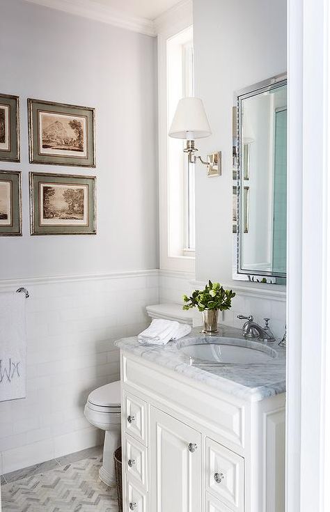 Powder Room with Pale Gray Walls and White Subway Tiles - Transitional - Bathroom Cece Barfield Thompson, Cece Barfield, Fun Kids Bathroom, Modern Powder Rooms, Blue And White Home, Bathroom Apartment, Ideas For Bathroom, Apartment Modern, Gray Walls