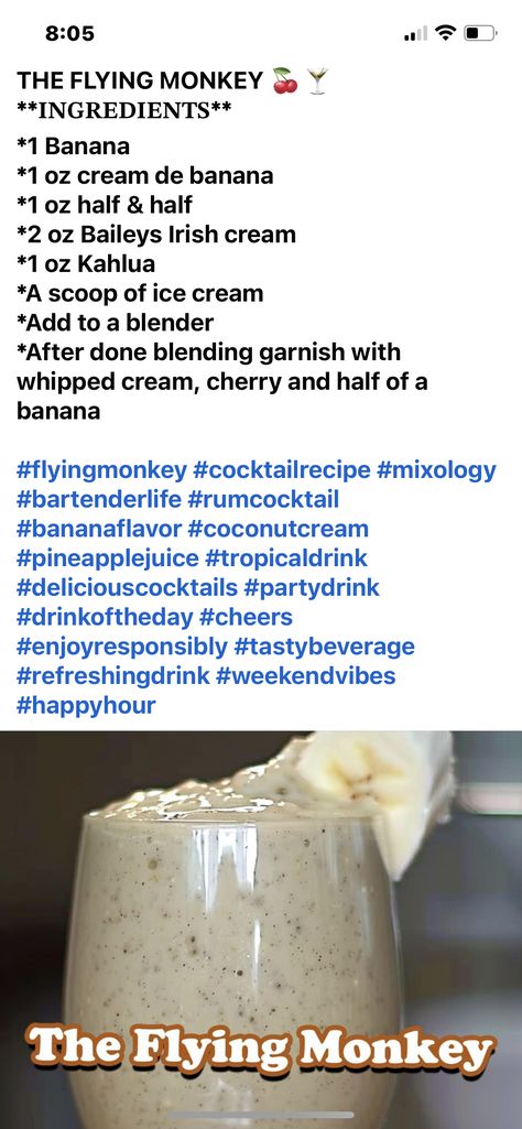 Flying Monkey Drink Recipe, Rum Cocktail, Baileys Irish Cream, Tropical Drink, Banana Flavored, Flying Monkey, Drink Recipe, Delicious Cocktails, Irish Cream