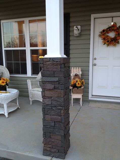 Outdoor stone columns are often expensive to install and difficult to maintain. With our faux stone pillar panels, you can accomplish the same look at a more affordable price and with fewer headaches. This GenStone customer installed the Coffee Stacked Stone pillar panels for outdoor columns that added a clean, professional aesthetic to her home’s front patio entrance. #genstone #DIY #MyGenStoneDIY #FauxStonePanels Exterior Columns, Patio Blocks, Outdoor Columns, Stone Veneer Panels, Diy Exterior, Brick Columns, Faux Stone Panels, Addition Ideas, Porch Columns