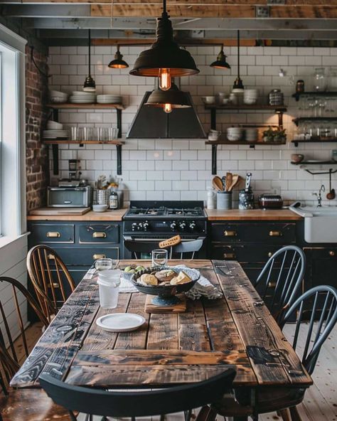 Rustic Coastal Kitchen, Rustic Kitchen Ideas, Metal Bistro Chairs, Industrial Farmhouse Decor, Industrial Kitchen Design, Coffee Decor Kitchen, Rustic Modern Kitchen, Rustic Home Design, Lifestyle Ideas