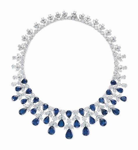 A SAPPHIRE AND DIAMOND NECKLACE, BY GRAFF The front suspending a graduated three-row fringe of pear-shaped sapphires, enhanced with marquise and circular-cut diamonds, to the variously-cut diamond backchain, mounted in platinum, 15 1/4 ins., in a Graff leather box Signed Graff, no. 3668 Graff Jewelry, Graff Diamonds, Round Diamond Earrings, Black Diamond Earrings, Ruby Rings, Sterling Necklaces, Leather Box, Valentines Necklace, Sapphire Necklace