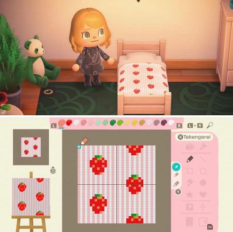 127 Likes, 3 Comments - Animal Crossing New Horizon (@animalcrossingoutfits) on Instagram: “Cute strawberry bedsheets design 🥺🍓 . . . Follow @animalcrossingoutfits for more animal crossing…” Animal Crossing Bed Sheets Design, Strawberry Bedsheets, Animal Crossing New Horizon, Animals Crossing, Acnh Design, Acnh Designs, Animal Crossing Qr Codes Clothes, Acnh Codes, Animal Crossing Wild World