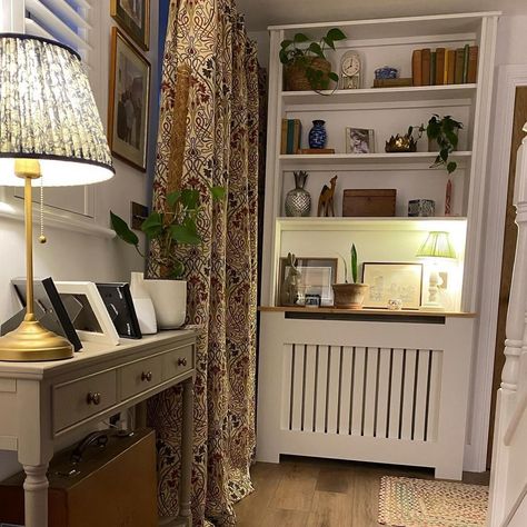 Bookcase Radiator Covers 🤍 Bookshelf Over Radiator, Oak Bookshelf, Dressing Table Cabinet, Oak Bookshelves, Bookshelf Wall, Ral Code, Radiator Covers, Hague Blue, Wall Bookshelves