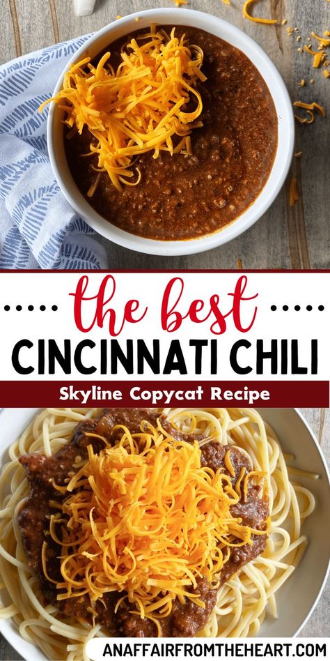 White bowl of chili with shredded cheese on top. Chicago Chili Spaghetti, Chili Recipe With Spaghetti Noodles, Cincinnati Chili Katie Lee, Chili With Canned Chili Beans, Cincinnati Chili Recipe Skyline, Cincinnati Chili Seasoning Recipe, Ohio Chili Recipe, Crockpot Skyline Chili, Gold Star Chili Copycat Recipe