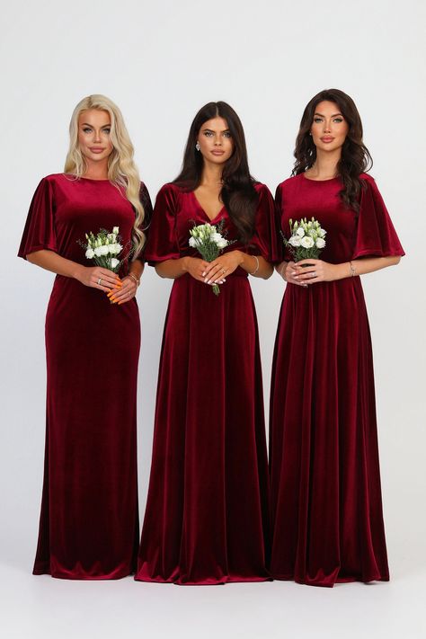 Couture Bridesmaid Dresses, Velvet Dress Maxi, Burgundy Velvet Dress, Velvet Dress Long, Civil Wedding Dresses, Burgundy Bridesmaid, Maid Of Honour Dresses, Dress Velvet, Flare Sleeve Dress