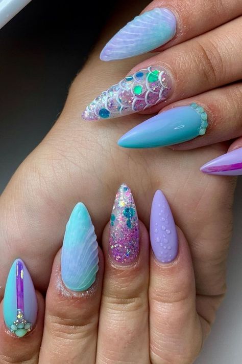 lilac mermaid nail art Pink Coffinnails, Little Mermaid Nails, Iridescent Nail Polish, Longer Nails, Mermaid Nail Art, Mermaid Nail, Purple Nail Art, Mermaid Nails, Light Amethyst