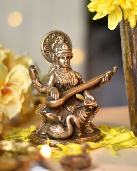 As Vasant Panchami approaches, welcome the divine energy of Goddess Saraswati with a beautiful brass statue. On this auspicious day, we honor the embodiment of knowledge, music, and arts, seeking her blessings for a season of blossoming intellect and creative inspiration. 💛 #vasantpanchmi #vasantpanchami #saraswatipuja #happyvasantpanchami #basantpanchmi #knowledge #saraswati #swaminarayan #goddesssarswati #sarswatipuja Basant Panchami Craft, Basant Panchami Poster, Basant Panchami Decoration Ideas, Basant Panchami Decoration, Basant Panchami Drawing, Board Decoration Ideas, Craft Activity For Kids, Saraswati Idol, Vasant Panchami