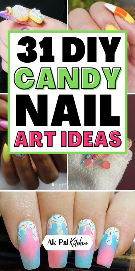 Candy nails are a fun and playful way to show off your sweet side. From gummy bear nails to ice cream nails and donut nail designs, these dessert-themed nails are perfect for adding a pop of color. Try cute cupcake nails or pastel swirl nails for a whimsical look. Sweet treat nails are great for any occasion, especially if you love candy-themed or food-inspired nail art. Get inspired with these fun and creative candy nail designs! Candy Design Nails, Candyland Nails Designs, Donut Nails Design, Candy Swirl Nails, Candy Land Nails, Pastel Swirl Nails, Candy Nails Designs, Pop Art Nails Designs, Gummy Bear Nails