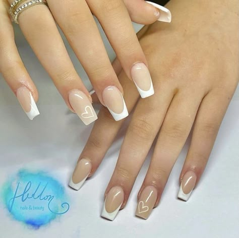 White Square nails with fine line heart on both fingers. Ring Finger Heart Nails, White French Tip Nails With Heart On Ring Finger, Nails With Heart On Ring Finger, White Nails With Heart On Ring Finger, French Tip With Heart On Ring Finger, French Tip With Heart, Fine Line Heart, White Heart Nails, White Square Nails