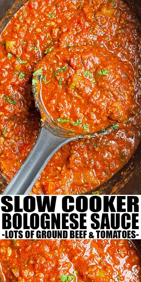 SLOW COOKER BOLOGNESE SAUCE RECIPE- Easy crockpot bolognese sauce, homemade with simple ingredients. Loaded with ground beef, tomatoes, carrots, celery and lots of Italian herbs. Best served with spaghetti. From SlowCookerFoodie.com Crockpot Bolognese, Slow Cooker Bolognese Sauce, Crockpot Spaghetti Sauce, Slow Cooker Bolognese, Best Sauce Recipe, Bolognese Sauce Recipe, Italian Herbs, Carrots Celery, Slow Cooker Dinner