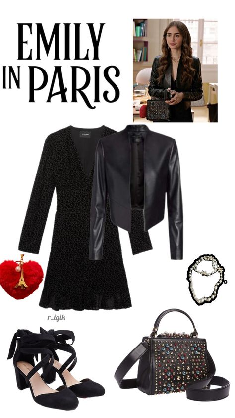 Emily In Paris Bags, Outfit With Black Dress, Emily In Paris Outfits Inspiration, Emily Outfit, Black Dress And Jacket, Emily In Paris Inspired Outfits, Best Black Outfits, City Clothes, Emily In Paris Style