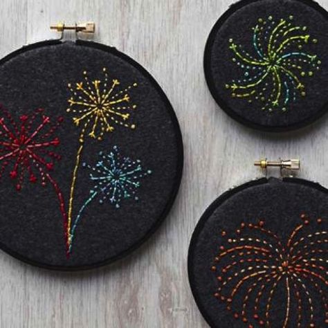 Free hand embroidery fireworks design Embroidery Fireworks, Firework Embroidery, Fireworks Embroidery, Embroidered Hoop, Fireworks Design, Mollie Makes, Christmas Embroidery Designs, Silent Auction, Embroidery Patterns Free