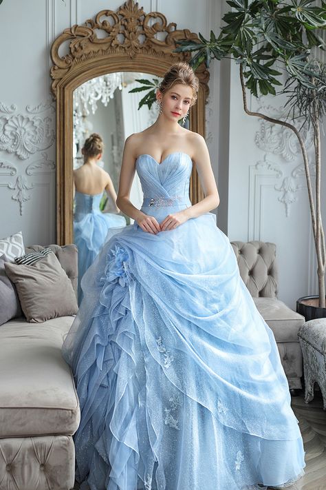 Cinderella Inspired Gown, Dresses Ruffles, Sweet 15 Dresses, Blue Colour Dress, Blue Organza, Light Sky Blue, Frilly Dresses, Veil Hairstyles, Cinderella Dresses