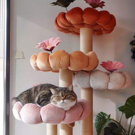 Cat Tower Aesthetic, Aesthetic Cat House, Cat Bedroom Ideas, Cat Ideas For Home, Cottage Core Cat, Luxury Cat Furniture, Cat Room Decor, Katt Grejer, Spoiled Cats