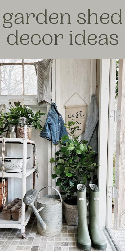 Landscaping Around Garden Shed, Garden Shed Interiors Inspiration, Gardening Sheds Ideas, Potting Sheds Interiors, Garden Shed Decorating Ideas Inside, Interior Garden Shed Ideas, Potting Shed Decor, Inside A Garden Shed, Inside Garden Shed Ideas