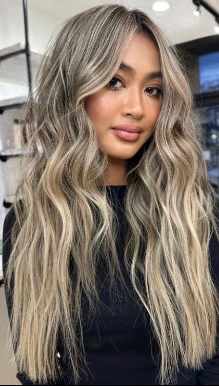 Tan Skin Highlights Hair, Blonde With Brown Money Piece, Hybrid Hair Color, Root Melt Brunette To Blonde With Money Piece, Highlights For Morena Skin, Dark Hair With Highlights Blonde, Heavy Lowlights On Blonde, Blonde Balayage Asian Hair, Asian Blonde Highlights