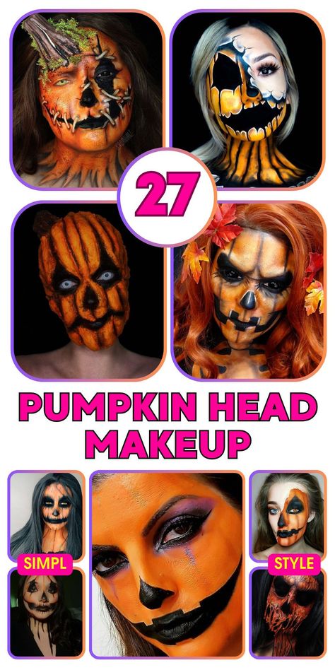 Embrace the Halloween spirit with pumpkin head makeup, an easy and unique idea for both men and women. This spooky look can be achieved with simple tutorials, using orange and black colors to create a half-face design. Perfect for kids' Halloween parties as well, this makeup offers cute and pretty options. Whether you're going for a glam or terrifying appearance, pumpkin head makeup is an amazing choice for Halloween trends. Scary Pumpkin Face Painting Ideas, Jackolantern Face Makeup, Scary Pumpkin Face Paint, Pumpkin Makeup Easy, Scary Pumpkin Makeup, Jackolantern Makeup, Pretty Halloween Pumpkins, Pumpkin Face Makeup, Pumpkin Makeup Halloween