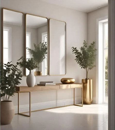 Mirrors Above Console Table, Lounge Mirror Ideas, Wall Of Mirrors Ideas, Glam Entryway Ideas, Entrance Hall Mirror, Luxury Entrance Design, Entryway Mirror Ideas, Foyer Design Modern Entrance, Clean Interior Design