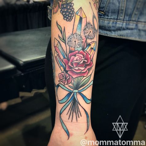 Crystal Cluster Tattoo, Crystal Bouquet Tattoo, Floral Gem Tattoo, Crystals And Flowers Tattoo, Succulent And Crystal Tattoo, Crystal Bouquet, Bouquet Tattoo, Dreamcatcher Tattoo, Tattoo Artist