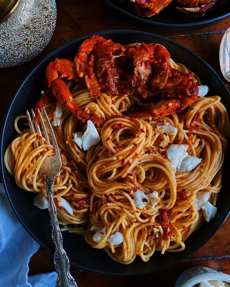 Crab Spaghetti, My Birthday Is, Spaghetti Recipe, On My Birthday, Palm Sunday, Spaghetti Recipes, Crab Meat, Red Pepper Flakes, Food Presentation