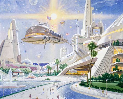 » What Lies Beyond Futuristic Painting, Robert Mccall, Futurism Art, John Lautner, 70s Sci Fi Art, Sci Fi City, Between Two Worlds, The Jetsons, Oscar Niemeyer