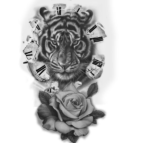 Tiger Tattoo design for men with rose and Brocken watch Tiger Clock Tattoo Design, White Tiger Tattoo Men, Tiger Tattoo Design Men, Tattoo Lions, White Tiger Tattoo, Clock Tattoo Sleeve, Tattoo Design For Men, Elephant Tattoo Meaning, Lost Tattoo