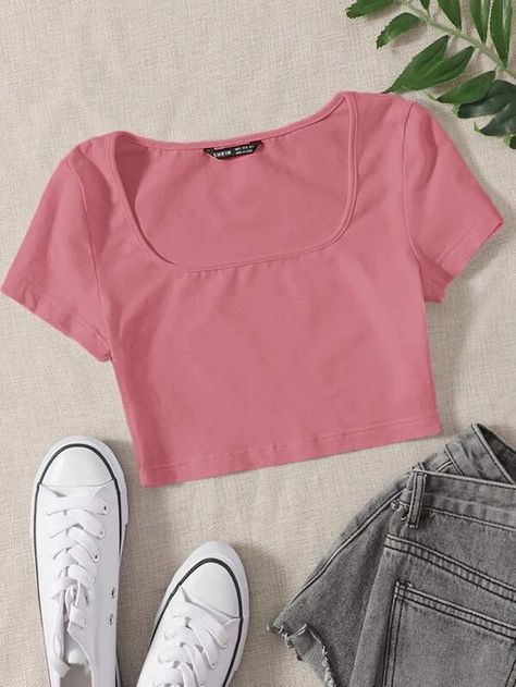 Blusas Crop Top, Light Pink Crop Top, Shein Basics, Light Pink Shirt, Hot Pink Tops, Image Chat, T Shirt Crop Top, Casual Cap, Crop Top Tees