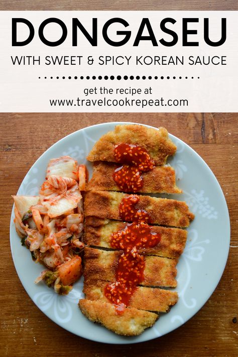 This Korean tonkatsu recipe (aka donkatsu, dongaseu, or donkkaseu) is a quick and flavorful dinner that will transport you to South Korea. A fried pork cutlet is served with a delicious gochujang sauce and kimchi. Korean Pork Cutlet, Tonkatsu Recipe, Korean Recipe, Korean Pork, Pork Cutlet, Flavorful Dinner, Gochujang Sauce, Spicy Korean, Korean Recipes