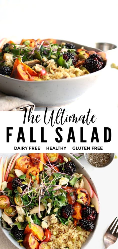 The Ultimate Fall Salad with Maple Pumpkin Chia Dressing Pumpkin Dressing, Using Chia Seeds, Fall Salads, Chopped Kale, Autumn Salad Recipes, Easy Healthy Lunch Recipes, Fall Salad, Salad With Chicken, Maple Pumpkin