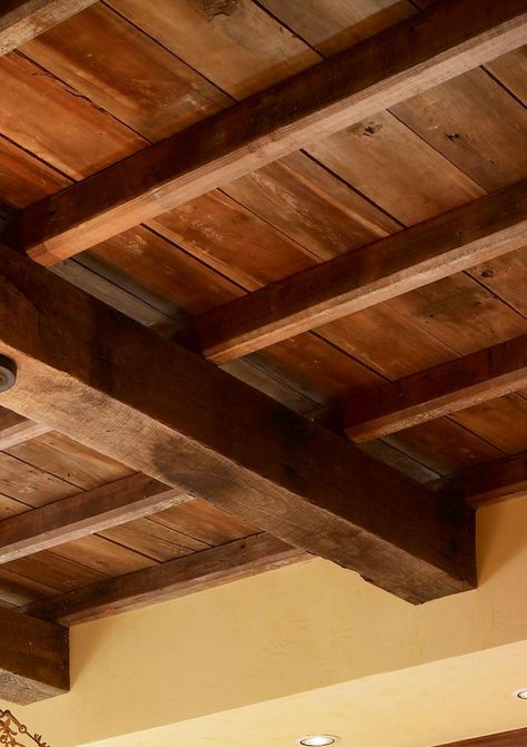 Reclaimed wooden beams, ready for another 100 years! Rustic Wooden Ceiling, Exposed Wooden Beams Ceiling, Ceiling Ideas Beams, Wood Ceiling Apartment, Brick Wall With Wood Beam, Wooden Beam Ceiling, Big Sir, Wooden Ceiling Beams, Exposed Wood Beams